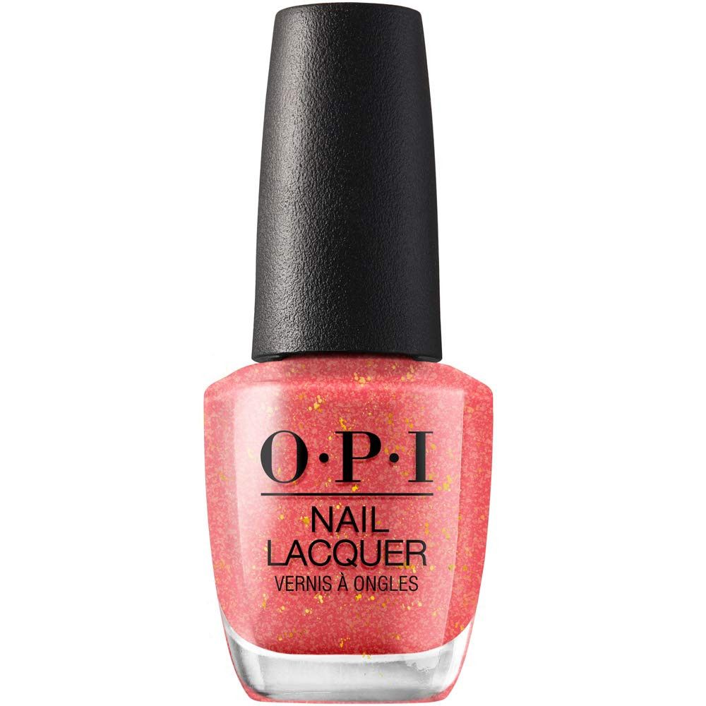 OPI Nagellack-Flakon. Rosa Farbton mit Glitzer. Schwarzer Deckel. Produktbeschriftung.
