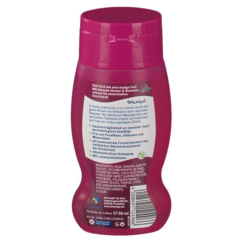 Flasche tetesept® Shower & Shampoo Mutige Fee. Rosa Flasche mit Klappverschluss. Rückseite mit Produktinformationen und Inhaltsstoffen.