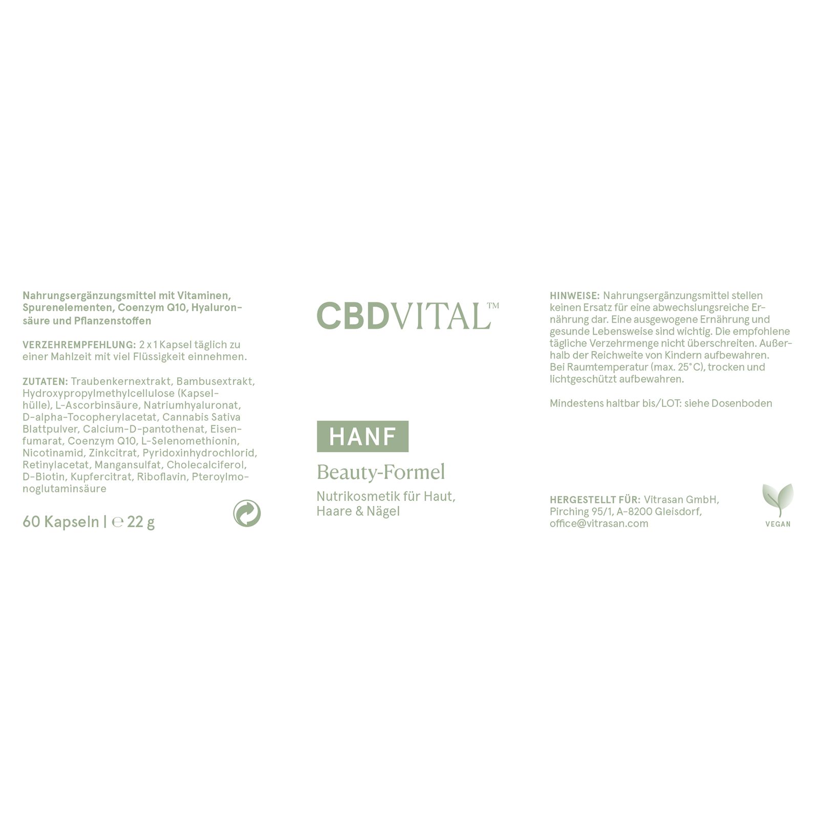Weißes Etikett mit Text. CBD VITAL, HANF, Beauty-Formel. 60 Kapseln, 22g. Vegan-Logo.