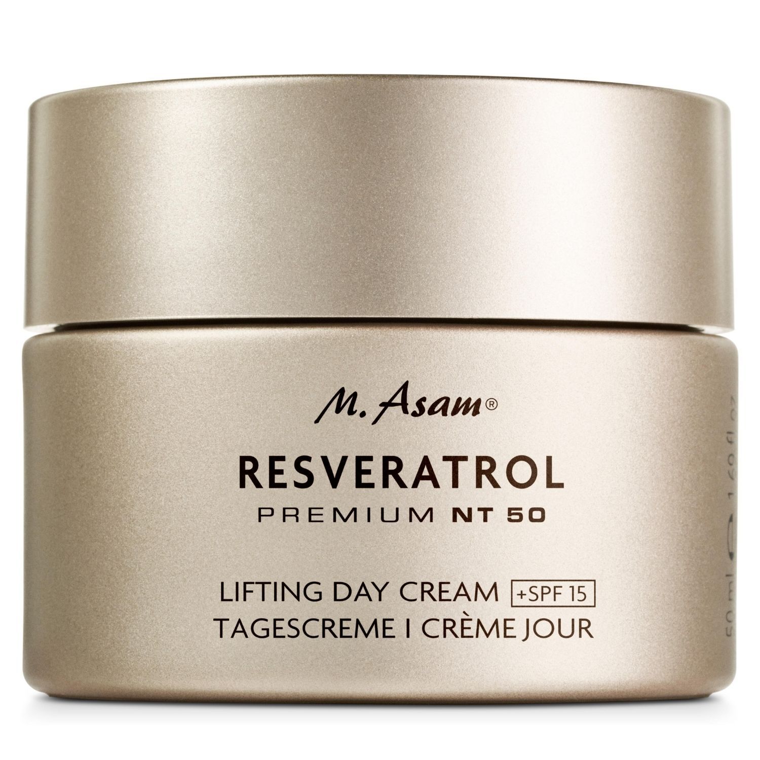 Beige Tiegel mit Deckel. Aufschrift: M. Asam, RESVERATROL PREMIUM NT 50, Lifting Day Cream +SPF 15. Tagescreme I Crème Jour.