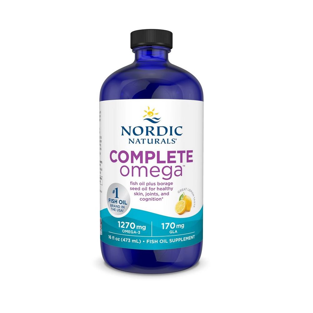 Blaue Flasche Nordic Naturals Complete Omega Fischöl-Nahrungsergänzungsmittel mit 1270 mg Omega-3 und 170 mg GLA.