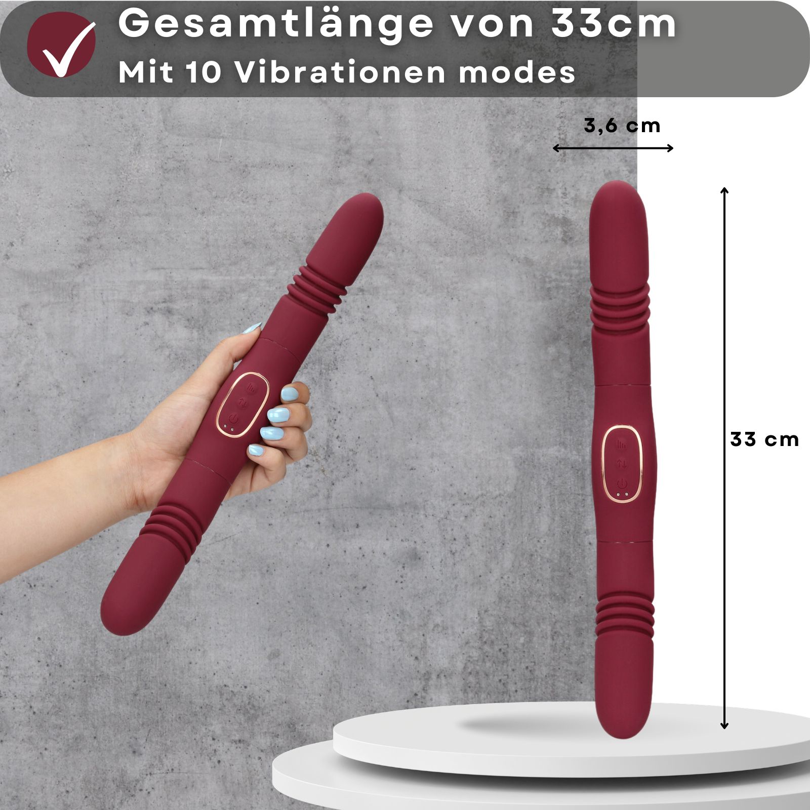 Burgunderfarbener Vibrator. Text: 33cm lang, 10 Vibrationsmodi. Maße: 33cm lang, 3,6cm Durchmesser.