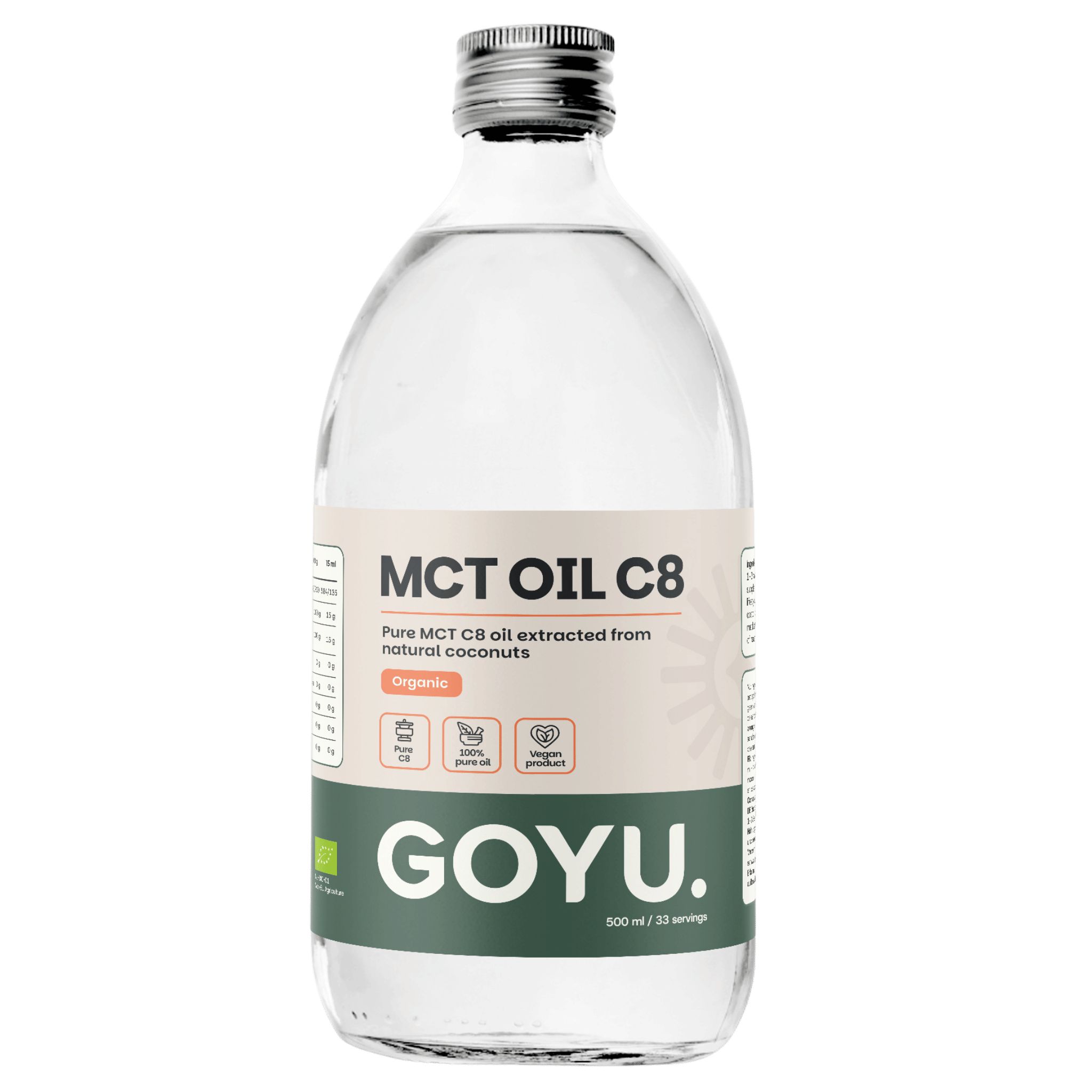 GOYU MCT Öl C8 in Glasflasche, 500 ml. Bio-zertifiziert, rein aus Kokosnüssen.