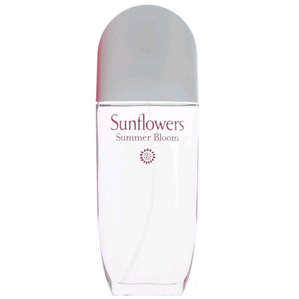 Sunflowers Summer Bloom Flakon. Transparenter Flakon mit grauem Deckel. Aufschrift: Sunflowers Summer Bloom.