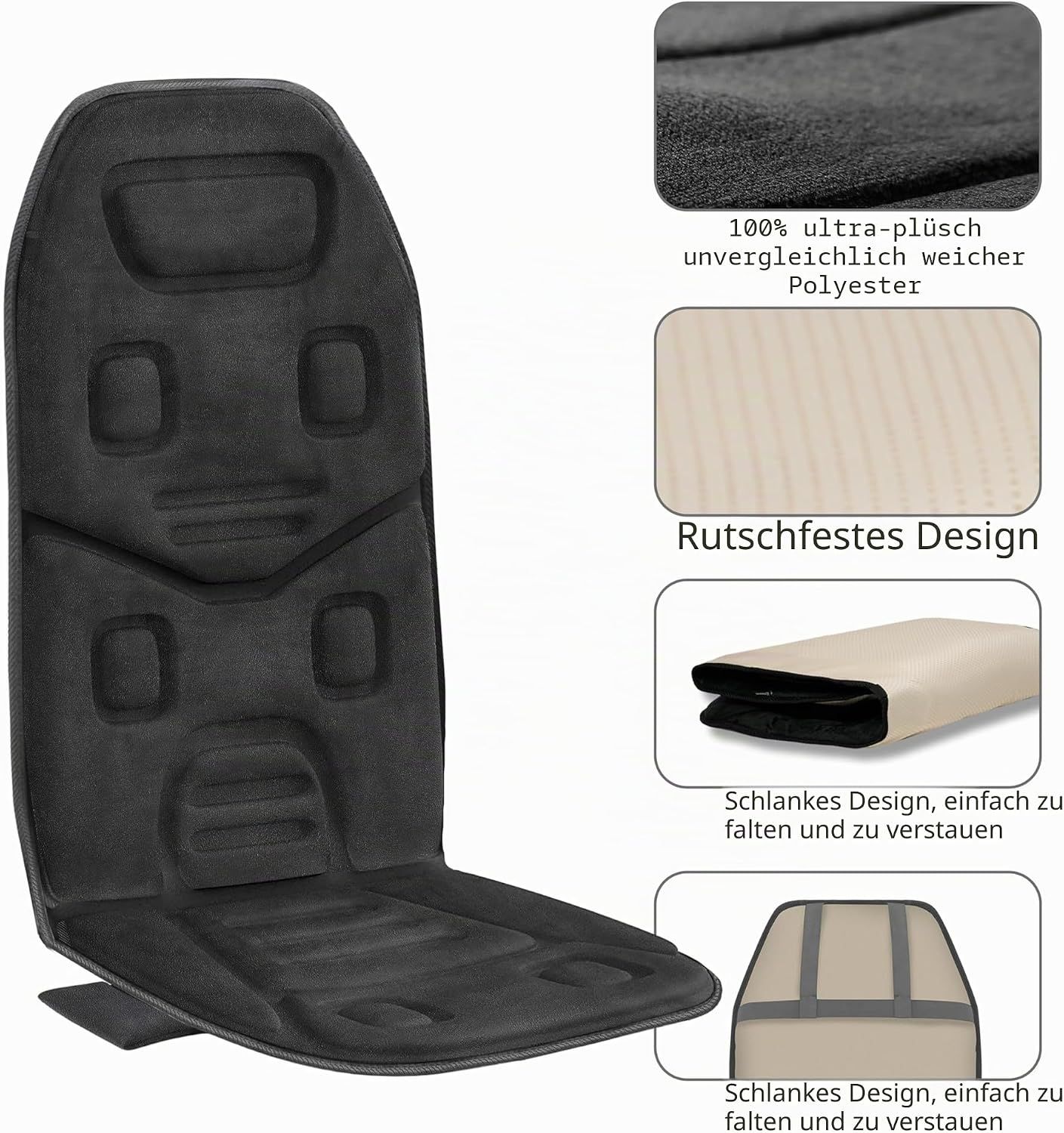 Schwarzes Massagegerät für den ganzen Rücken, aus weichem Polyester, rutschfest und faltbar.