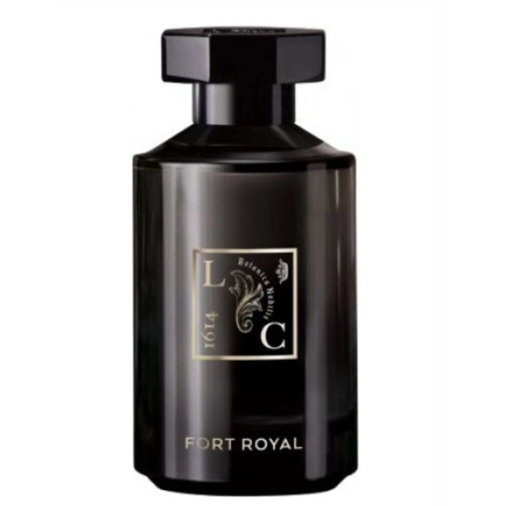 Schwarze Parfumflasche mit quadratischem Deckel. Aufschrift: Fort Royal. Logo: L C 1614.