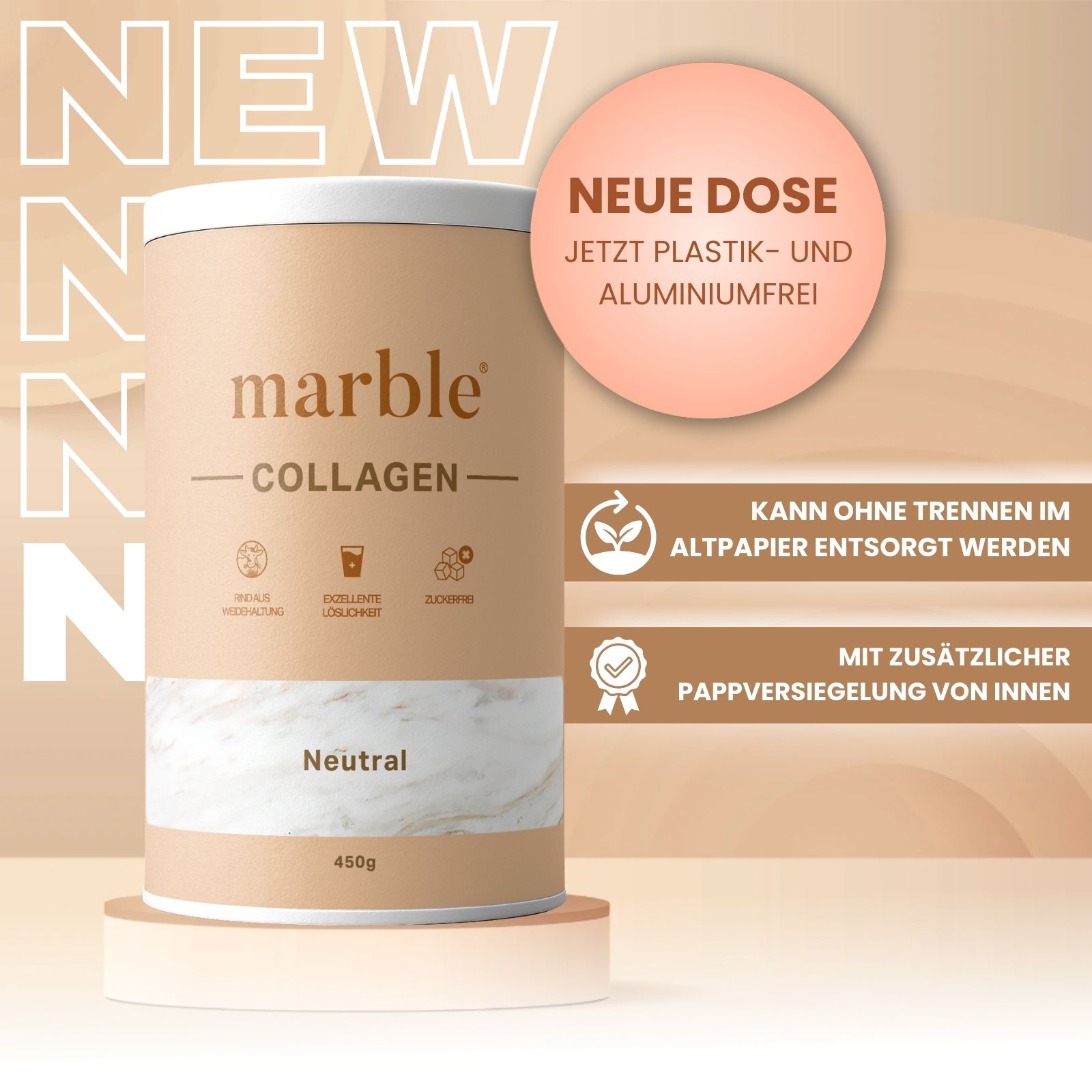 Beige Dose mit Aufschrift marble® COLLAGEN. Text: Neue Dose, plastik- und aluminiumfrei. Symbole für Recycling und Pappversiegelung.