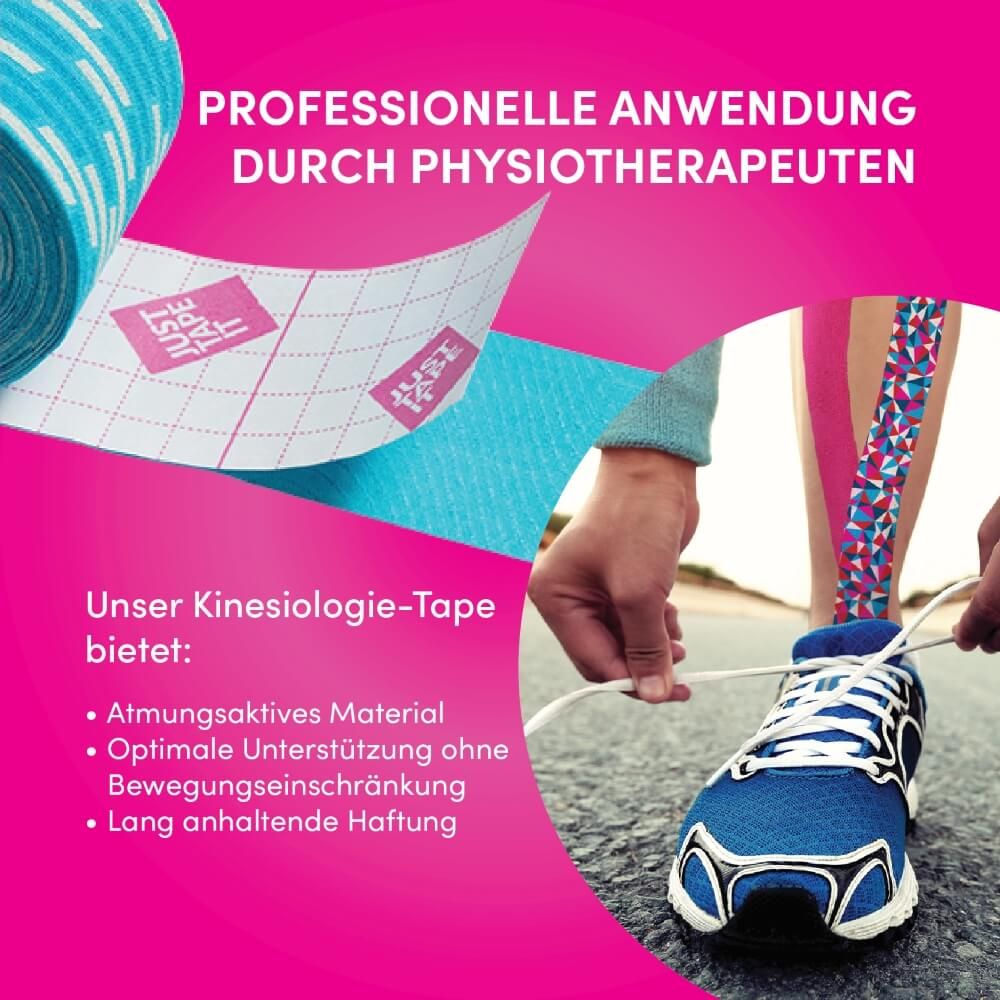 Kinesiotape-Rolle mit blau-weißem Streifenmuster und rotem "JUST TAPE IT" Logo.