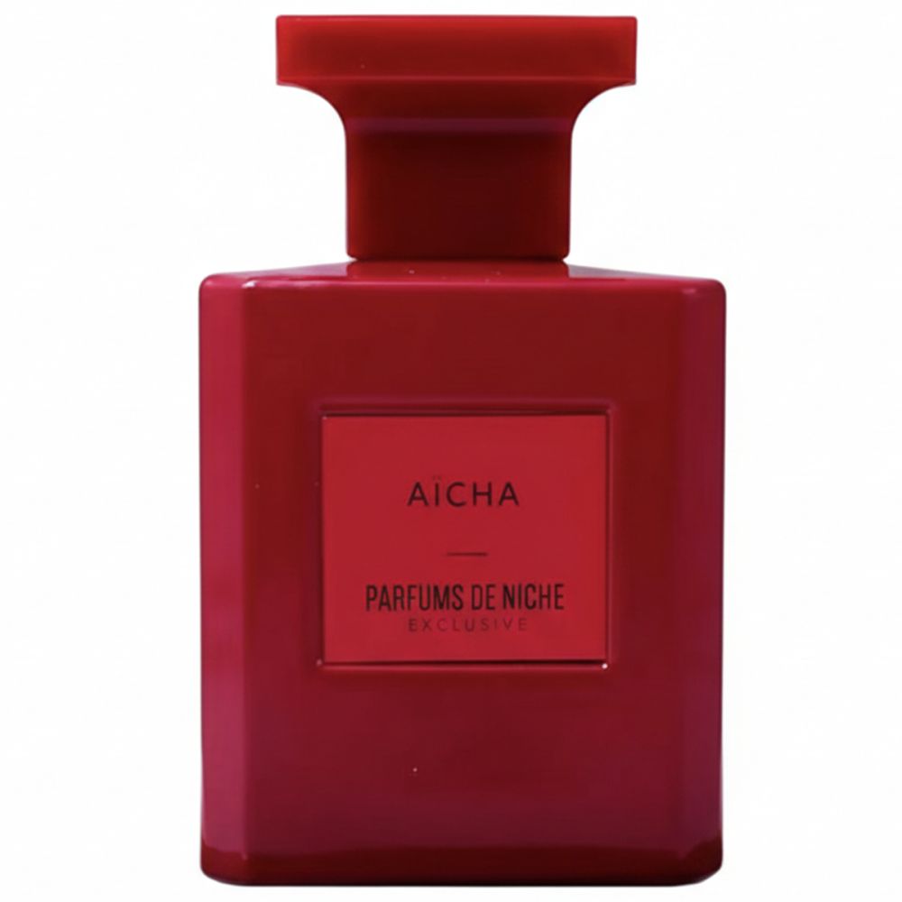 Rote Parfümflasche mit schwarzem Verschluss und rotem Etikett.