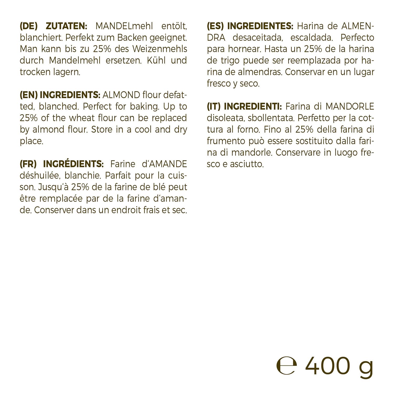 Text auf weißem Hintergrund. Zutatenliste für Mandelmehl in Deutsch, Englisch, Spanisch und Italienisch.