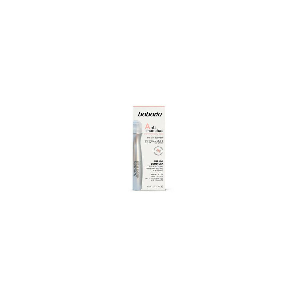 Babaria Anti-Spot Augencreme. Silberne Tube mit Roll-On-Applikator und Verpackung. Text: Anti-Flecken, Tag & Nacht.