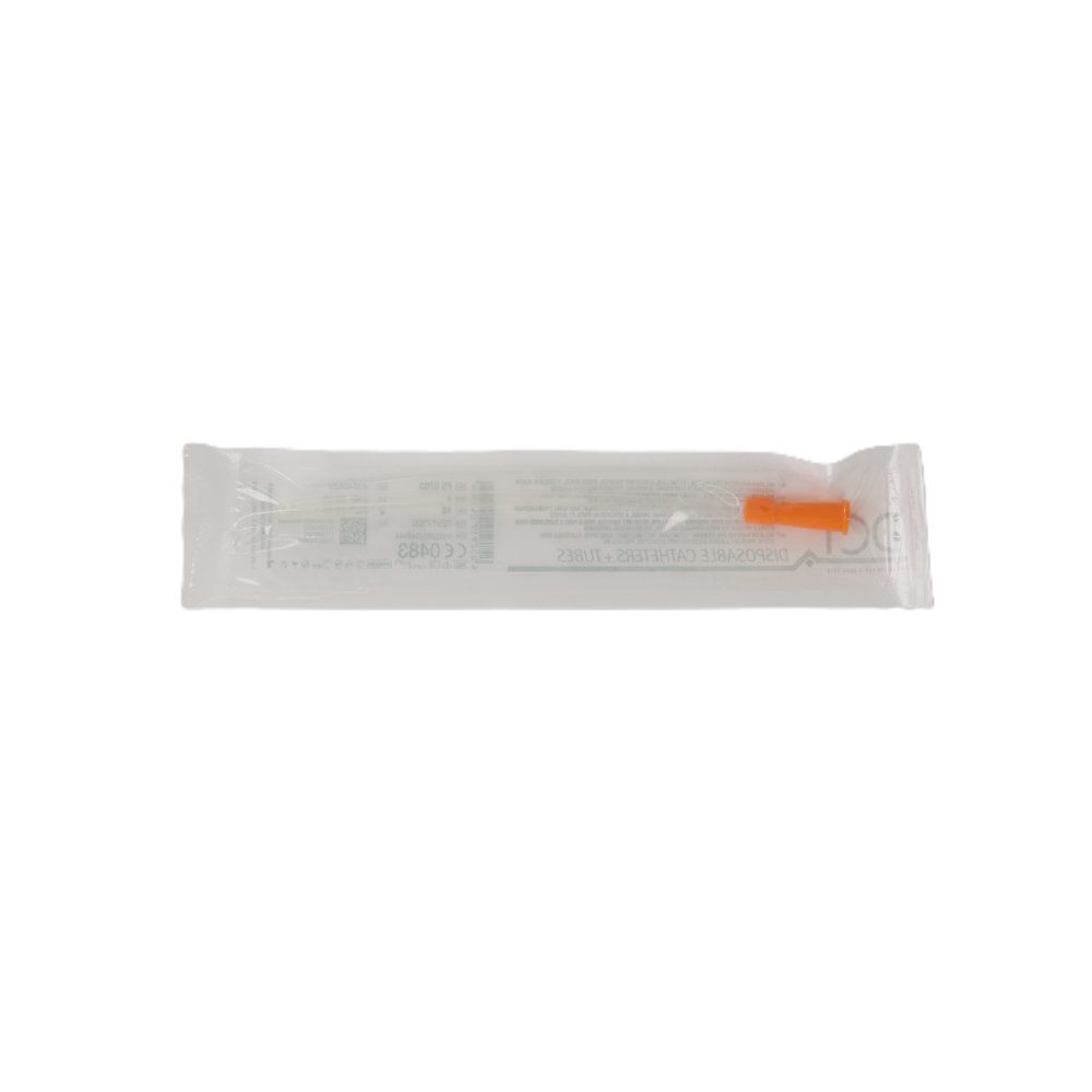 Verpackter DCT Nelaton-Frauenkatheter CH16. Transparente Verpackung, orangefarbener Konnektor sichtbar.