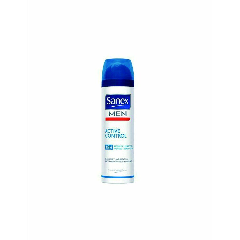Sanex Men Active Control Deodorant Spray. Weißes Spray mit blauem Deckel. Produktname und Logo deutlich sichtbar.