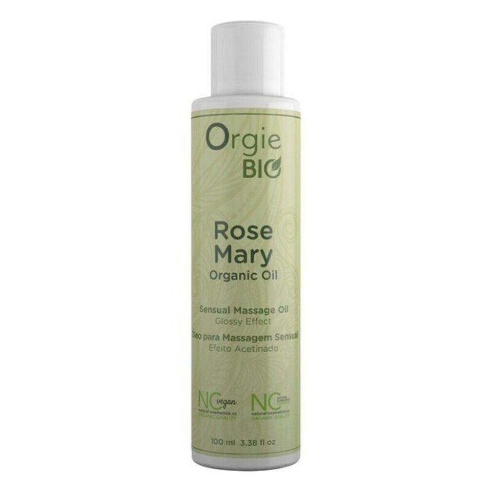 Zylindrische Flasche mit weißem Deckel. Aufschrift: Orgie BIO, Rose Mary Organic Oil. Vegan-Zertifizierung.