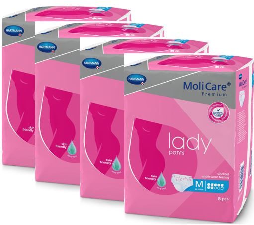 Mehrere Packungen MoliCare Premium Lady Pants. Rosa Verpackung mit Produktabbildung und Schriftzug. Größe M, 8 Stück.