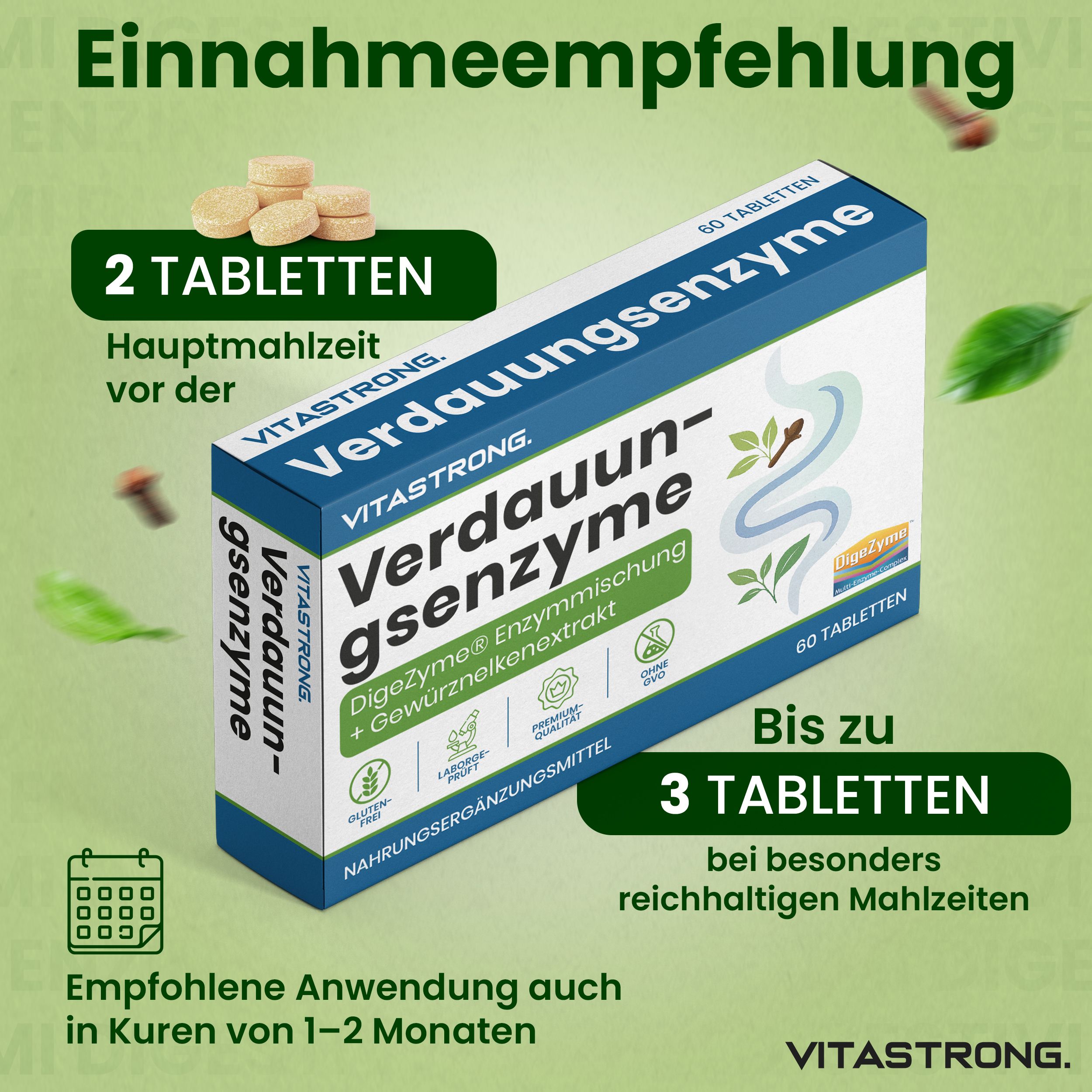 Produktverpackung. Marke: Vitastrong. Produkt: Verdauungsenzyme. 60 Tabletten. Einnahmeempfehlung.