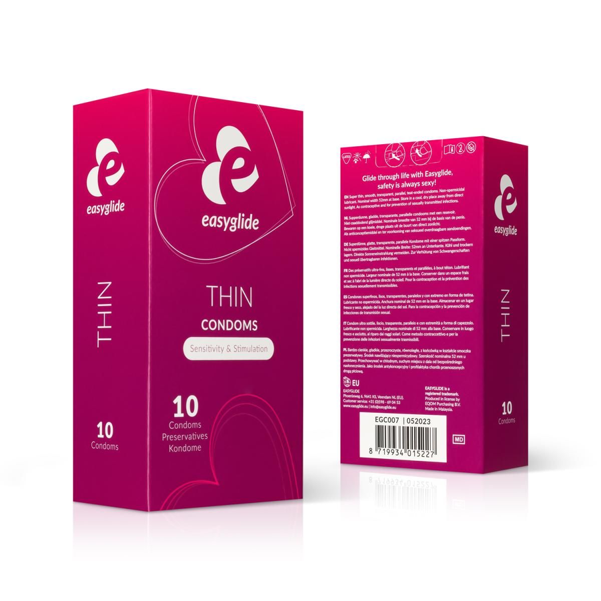 Zwei Verpackungen EasyGlide dünne Kondome, 10 Stück.