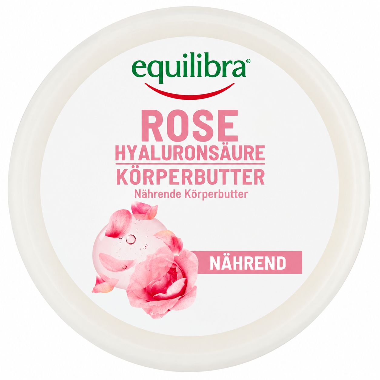Equilibra Rose Hyaluronsäure Körperbutter, Nährende Körperbutter in weißem Tiegel.