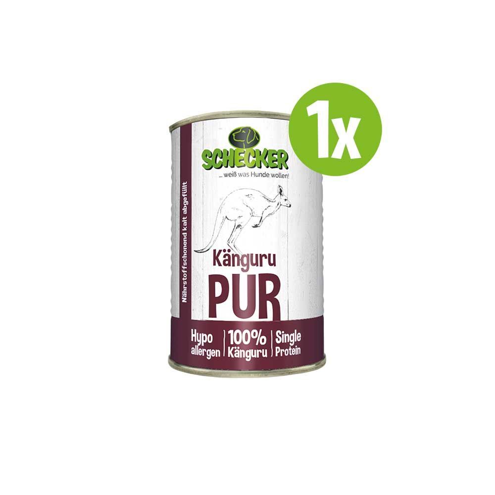 Konservendose mit Etikett. Aufschrift: Känguru PUR, 100% Single Protein, hypoallergen. Marke: Schecker. Mit 1x-Symbol.