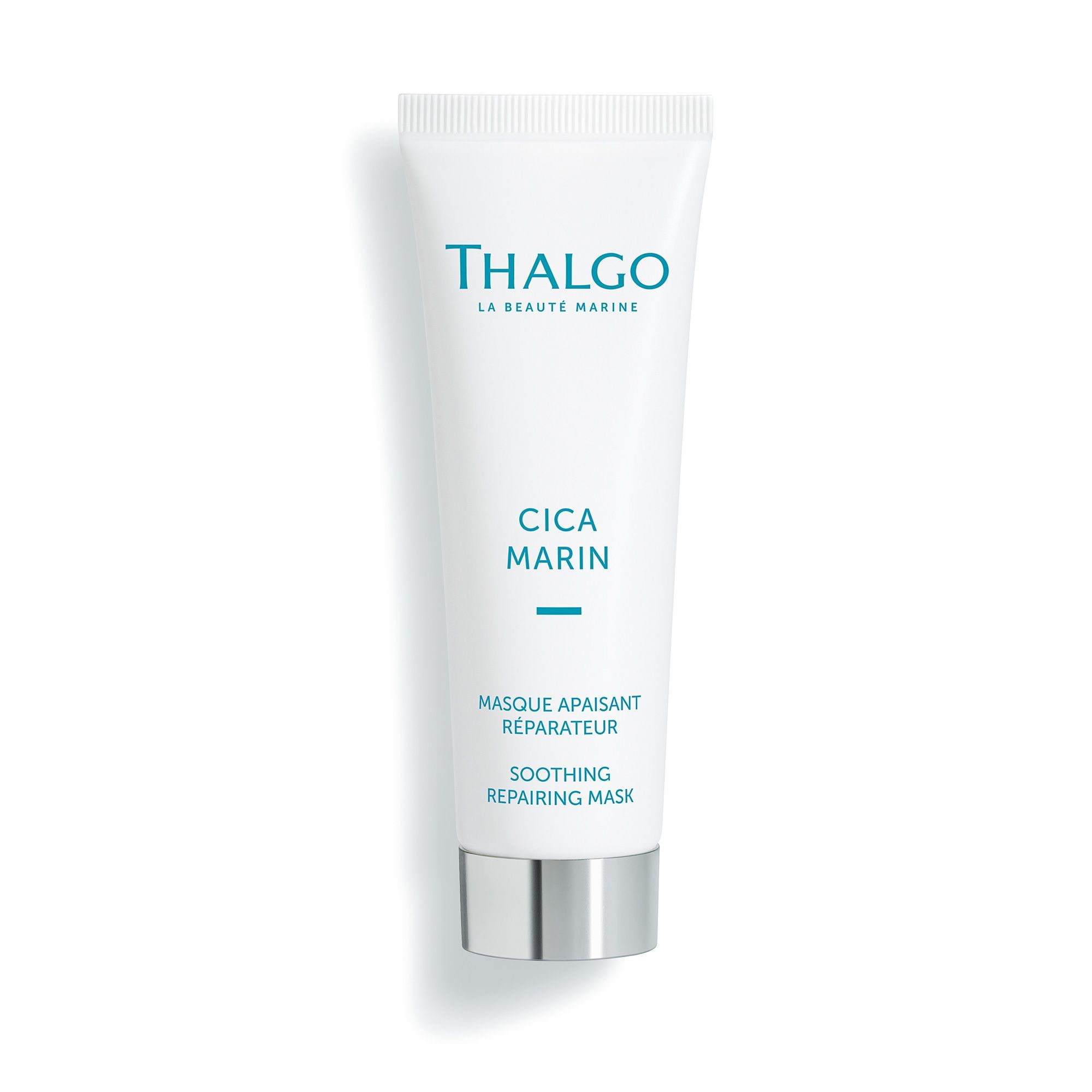 Weiße Tube mit blauem Schriftzug THALGO, CICA MARIN, und Produktbezeichnung. Silberner Schraubverschluss. Aufschrift: Soothing Repairing Mask.