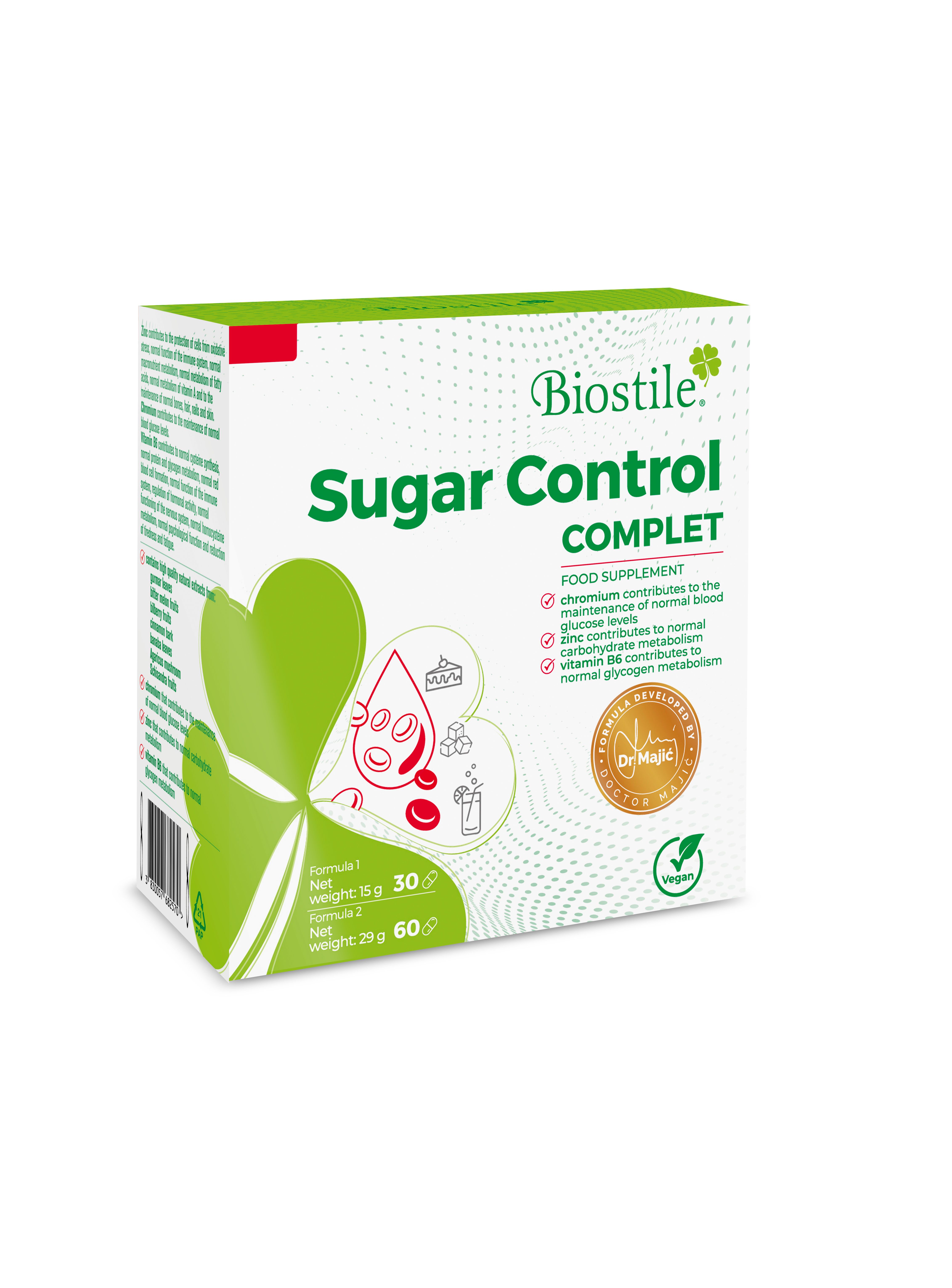 Verpackung von Biostile Sugar Control Komplett. Grün-weiße Schachtel mit Produktnamen und Logo. Enthält 30 Kapseln.
