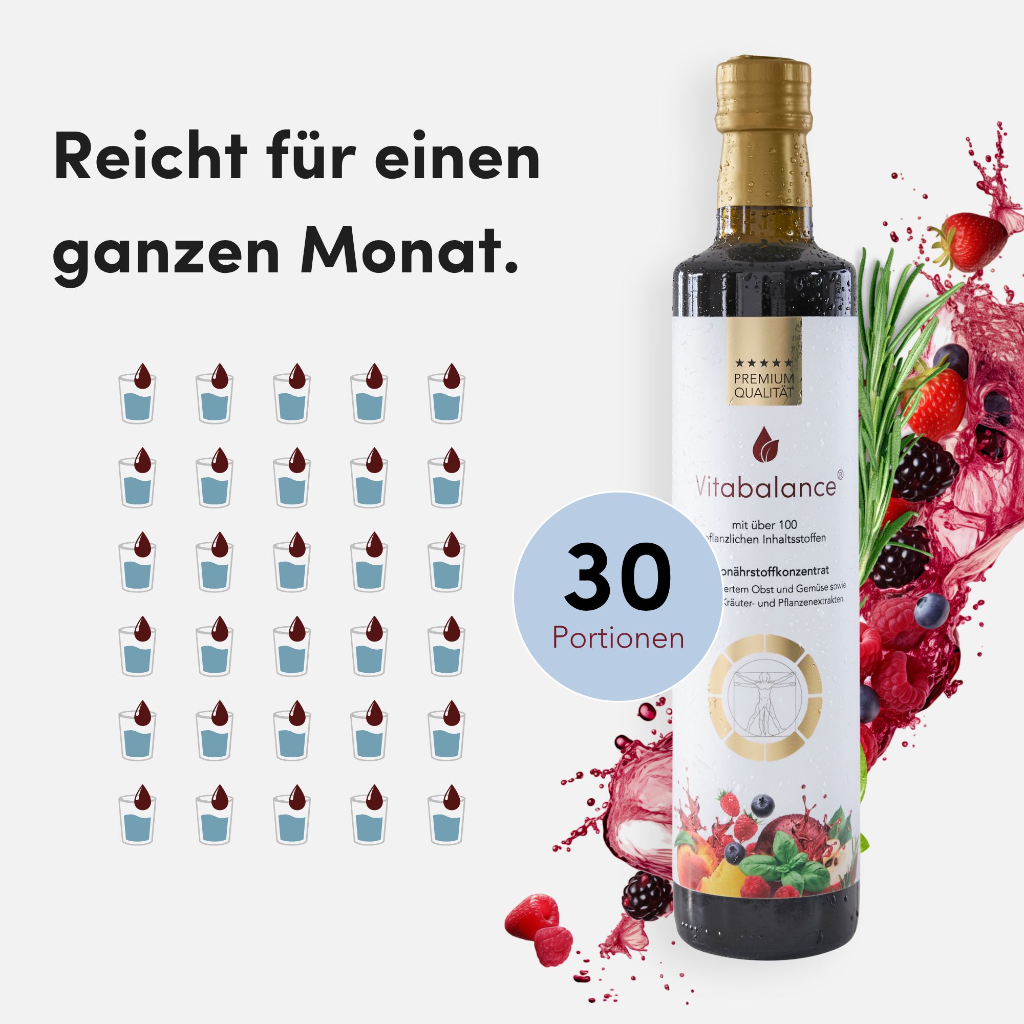 Flasche Vitabalance Mikronährstoffkonzentrat, daneben 30 Portionen als kleine Gläser dargestellt.