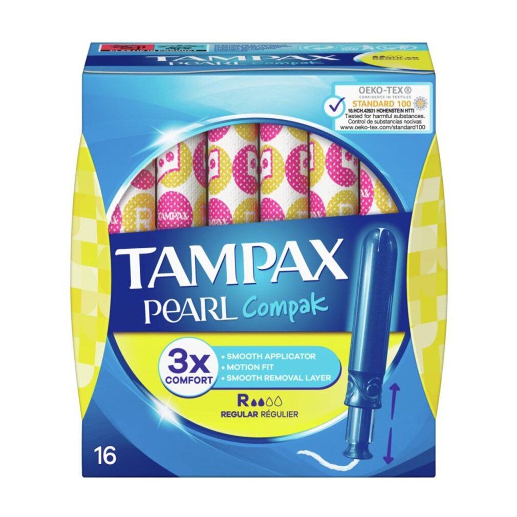 Verpackung mit Tampons. Marke: Tampax Pearl Compak. 16 Stück, Regular. Mit Applikator. Für Komfort und Schutz. Oeko-Tex zertifiziert.