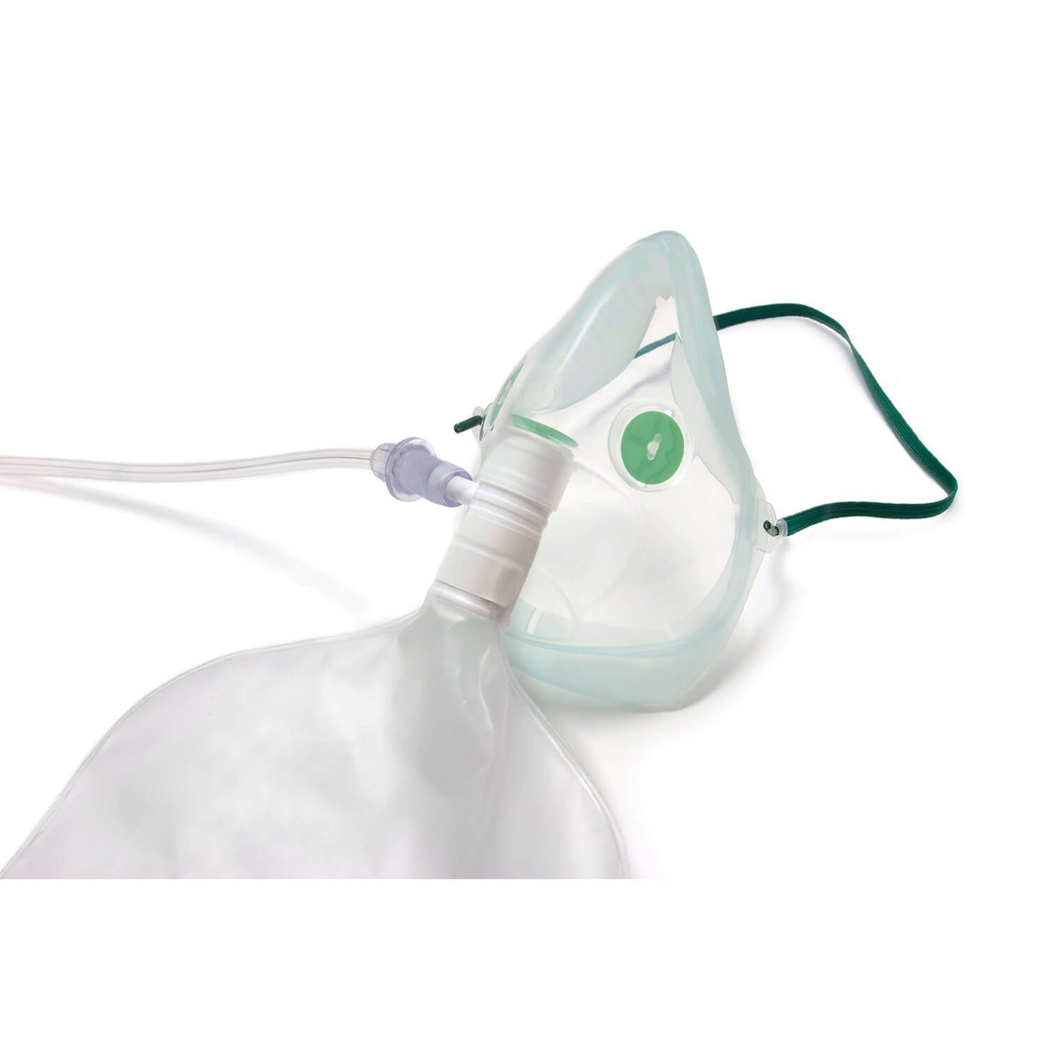 Sauerstoffmaske für Erwachsene mit Schlauch und Reservoir. Transparentes Material, grüner Rand, grünes Band, weißer Schlauch.