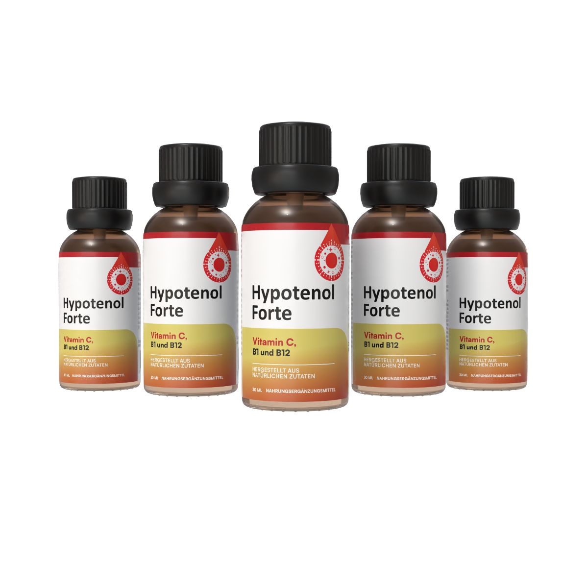 Fünf braune Tropfflaschen mit schwarzen Kappen, die Hypothenol Forte mit Vitamin C, B1 und B12 enthalten.
