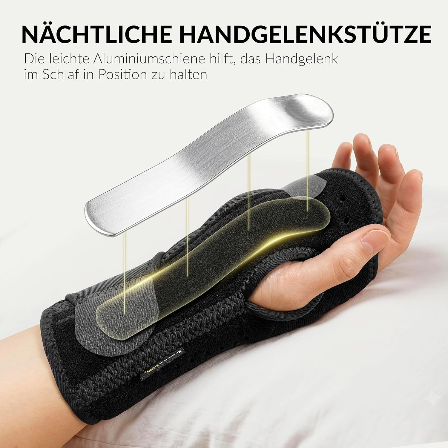 Handgelenkstütze mit herausnehmbarer Aluminium-Schiene zur Stabilisierung im Schlaf.