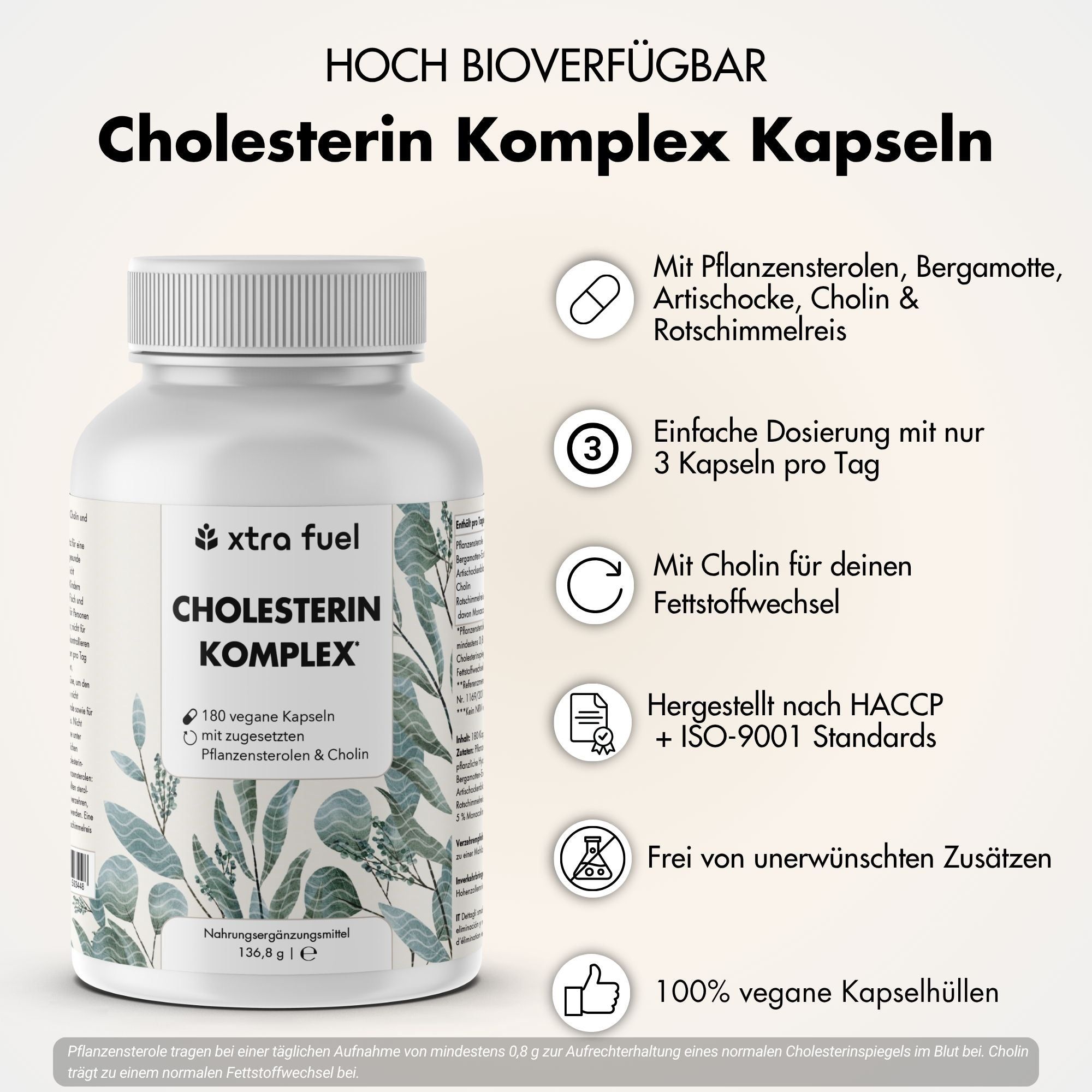 Weiße Flasche mit Etikett. Aufschrift: Cholesterin Komplex. 180 vegane Kapseln. Mit Pflanzensterolen, Bergamotte, Artischocke, Cholin.
