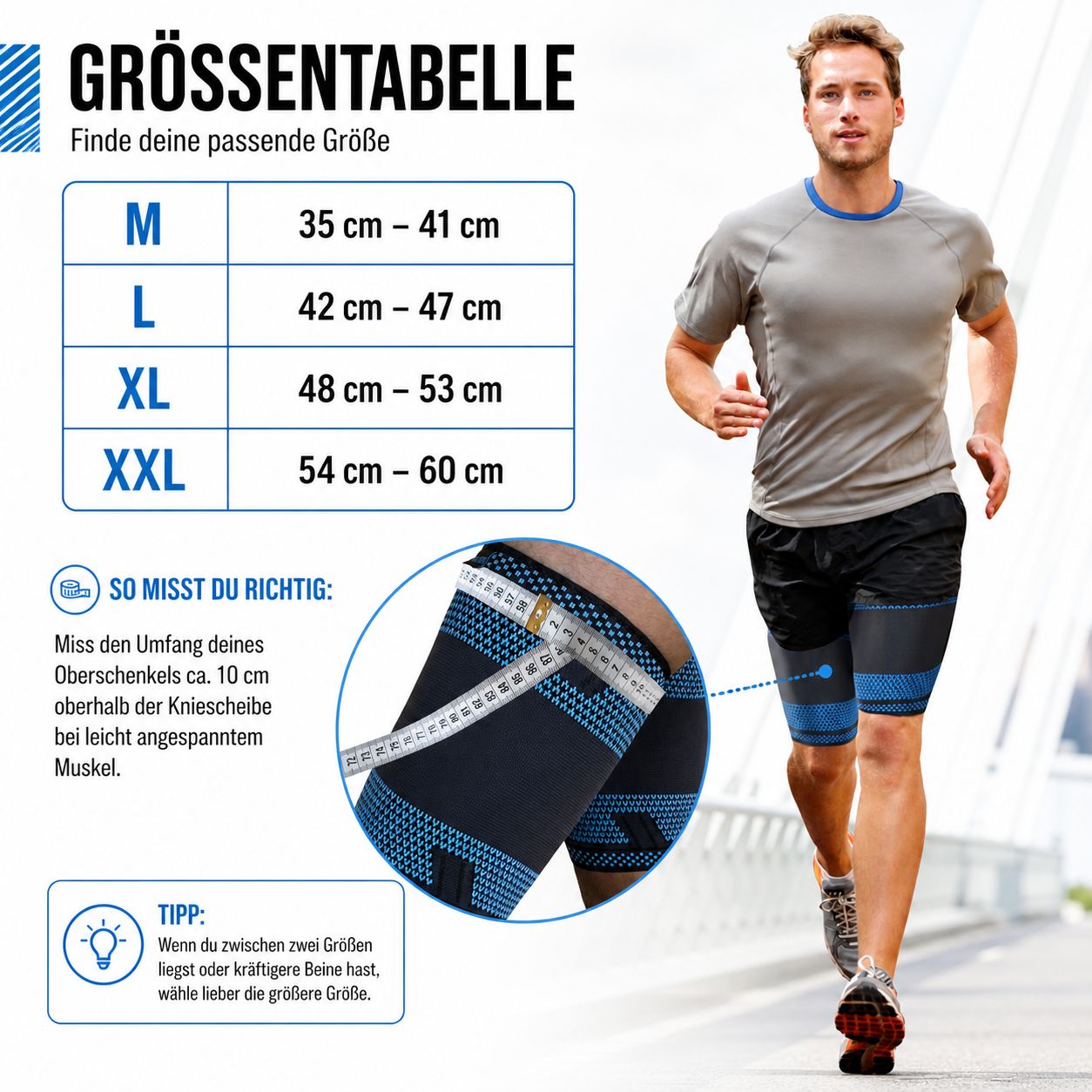 Mann mit Oberschenkelbandagen, Größenangaben: M (35-41 cm), L (42-47 cm), XL (48-53 cm), XXL (54-60 cm). Messanleitung.