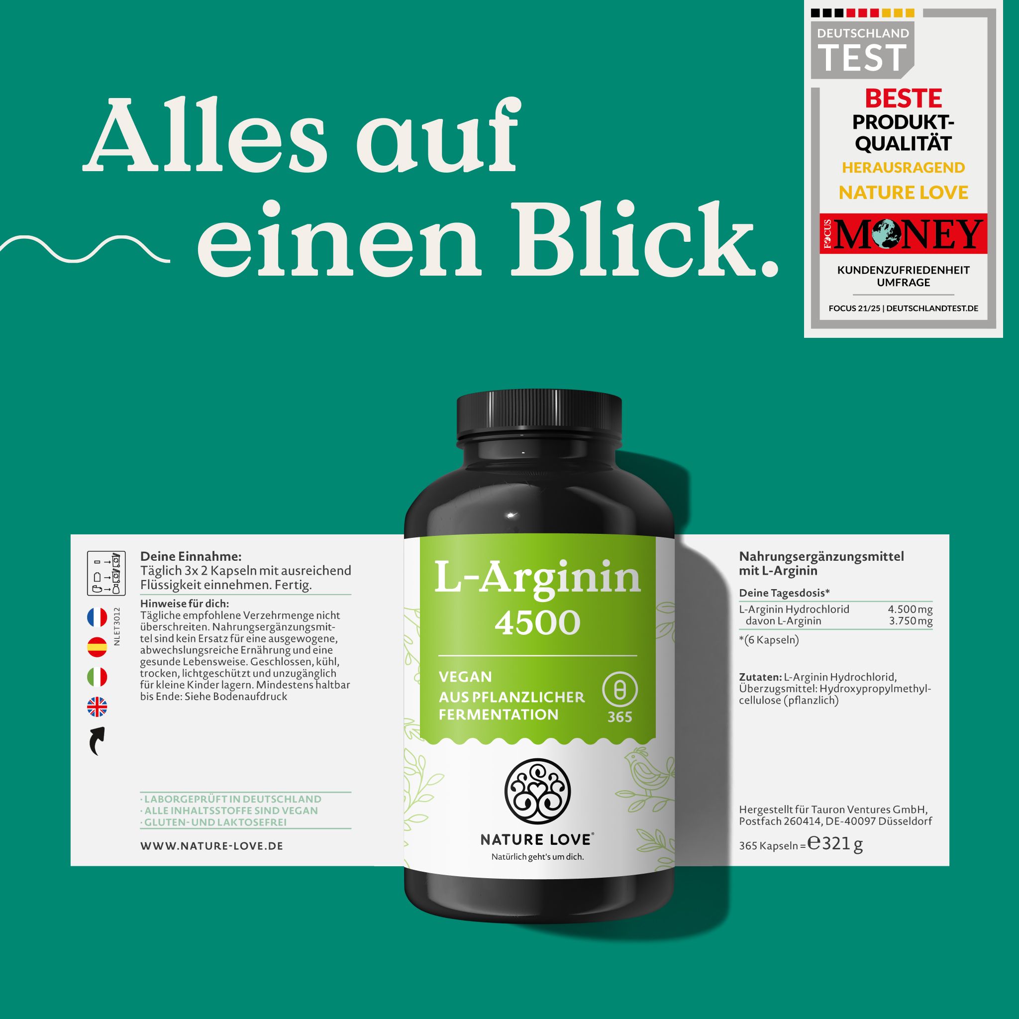 NATURE LOVE L-Arginin 4500 Kapseln, vegan, aus pflanzlicher Fermentation.
