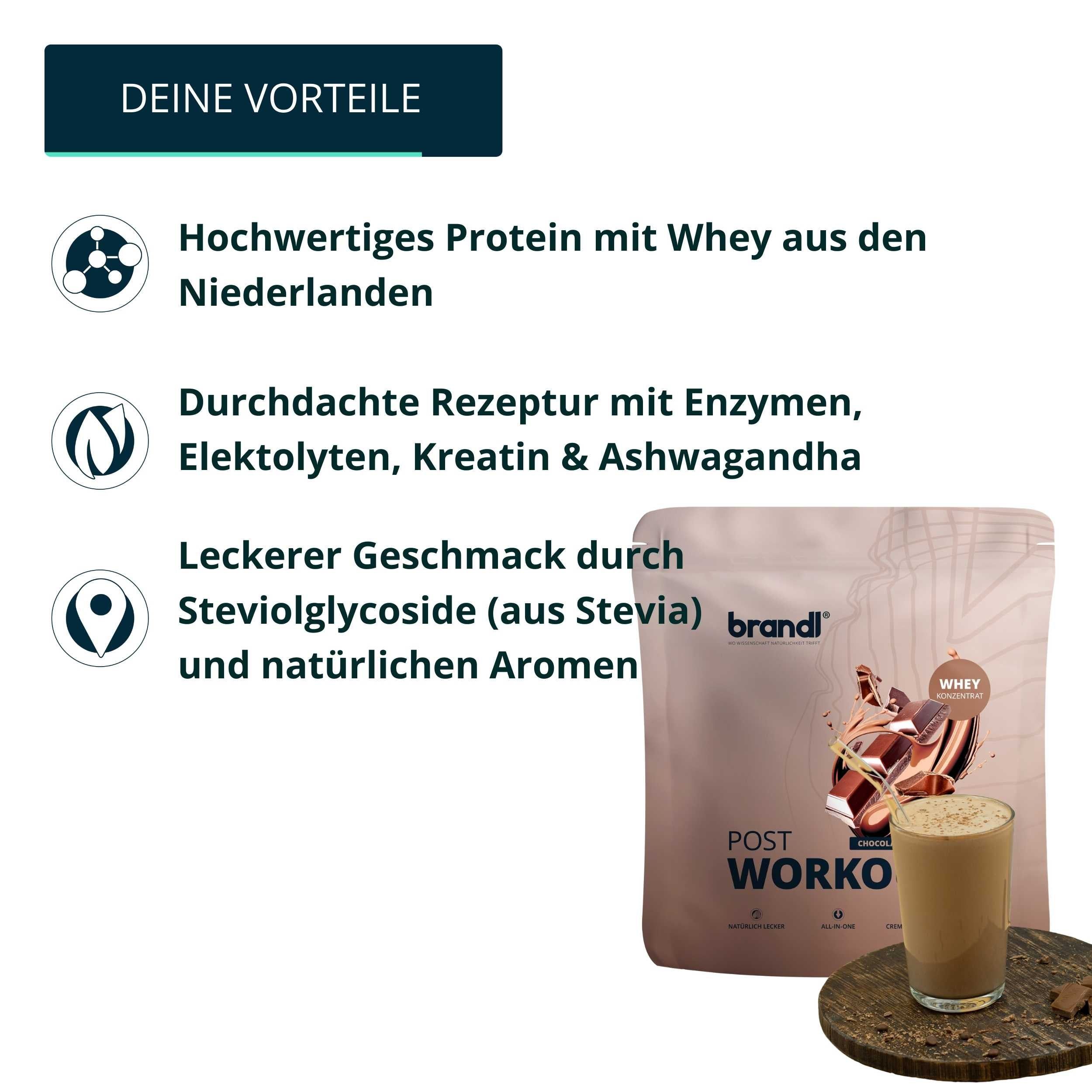 Beutel brandl® Protein-Pulver und Glas mit Getränk. Text: „Hochwertiges Protein mit Whey aus den Niederlanden“.
