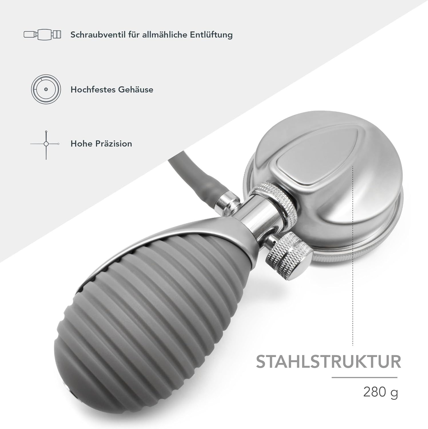 Manometer mit Gummibalg und Schraubventil, Stahlstruktur, 280g.