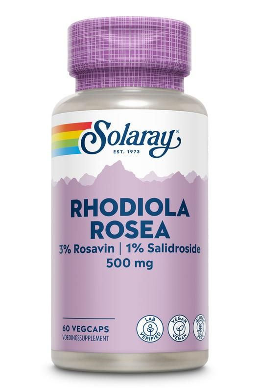 Flasche mit Solaray Rhodiola Rosea. Lila Kapseln, 3% Rosavin, 1% Salidroside, 500 mg. 60 Vegcaps. Vegan, glutenfrei.