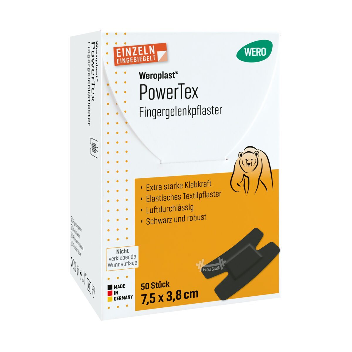 WERO PowerTex Fingergelenkpflaster Packung, 50 Stück, 7,5x3,8 cm, schwarz.