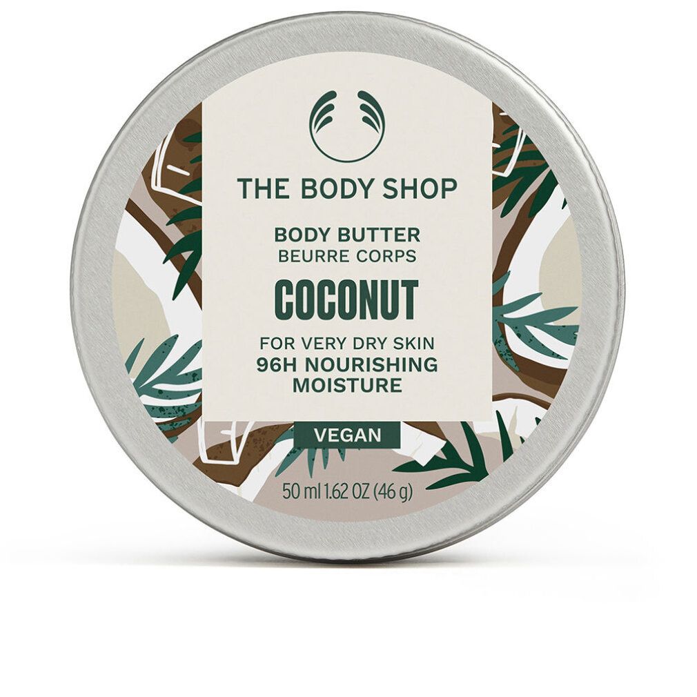 Runde Dose Body Butter von The Body Shop. Aufschrift: Kokosnuss, für sehr trockene Haut, 96h Feuchtigkeit. Vegan. 50 ml.