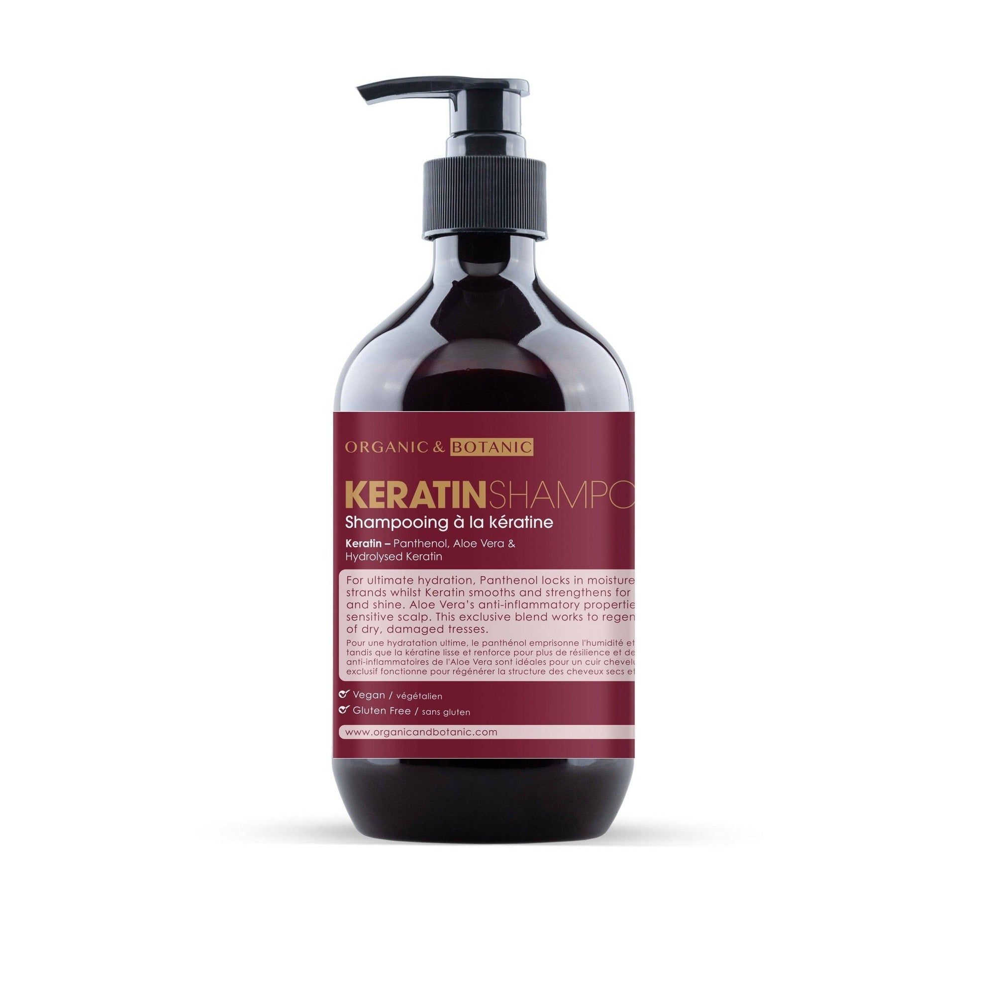 Braune Flasche mit schwarzem Pumpkopf. Etikett mit Schriftzug: Keratin Shampoo. Text in Englisch und Französisch. Vegan und glutenfrei.