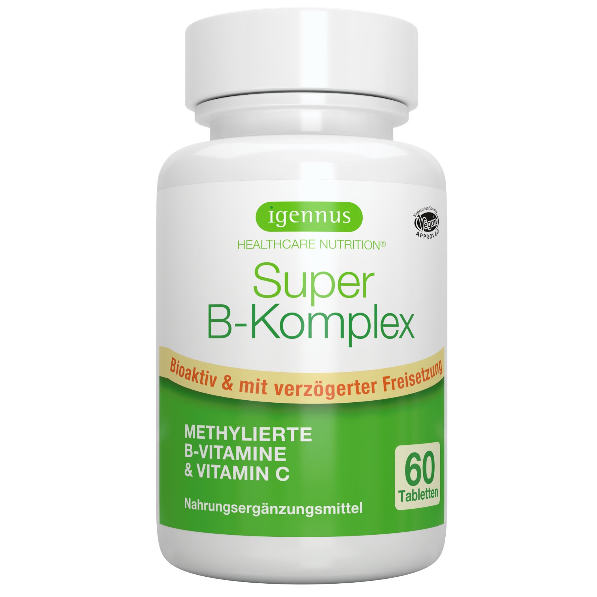 Igennus Super B-Komplex: Flasche mit 60 Tabletten, bioaktiv und mit verzögerter Freisetzung.