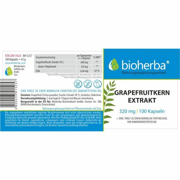 Produktetikett mit Inhaltsstoffen und Nährwertangaben. Bioherba Grapefruitkern Extrakt Kapseln. 320 mg | 100 Kapseln.