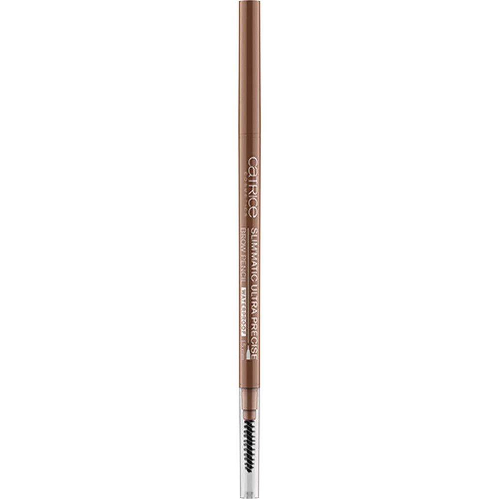 Augenbrauenstift mit Bürste. Schlanke Form, braune Mine. Aufschrift: Catrice, Slim'Matic Ultra Precise, Waterproof.