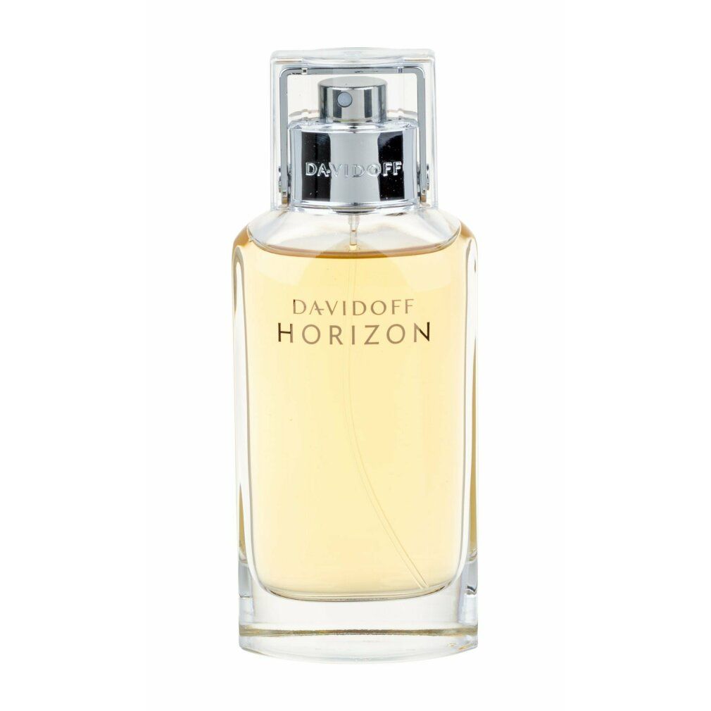 Davidoff Horizon Eau de Toilette Spray. Transparenter Flakon mit silbernem Verschluss. Produktname auf dem Flakon.