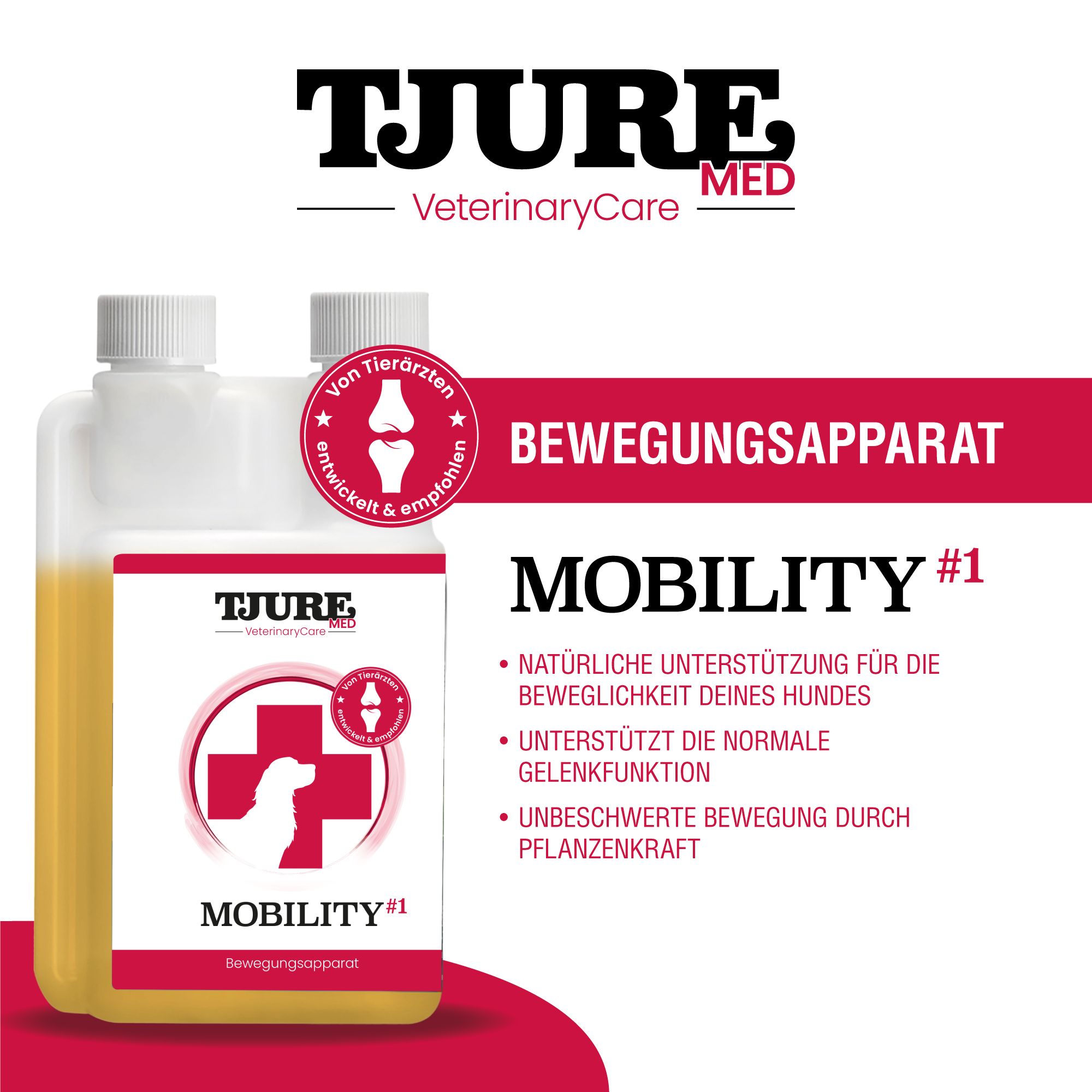 Doppelflasche mit gelber Flüssigkeit. Rotes Etikett mit Logo, Kreuz und Hund. Schriftzug: TJURE MED, MOBILITY #1, Bewegungsapparat.