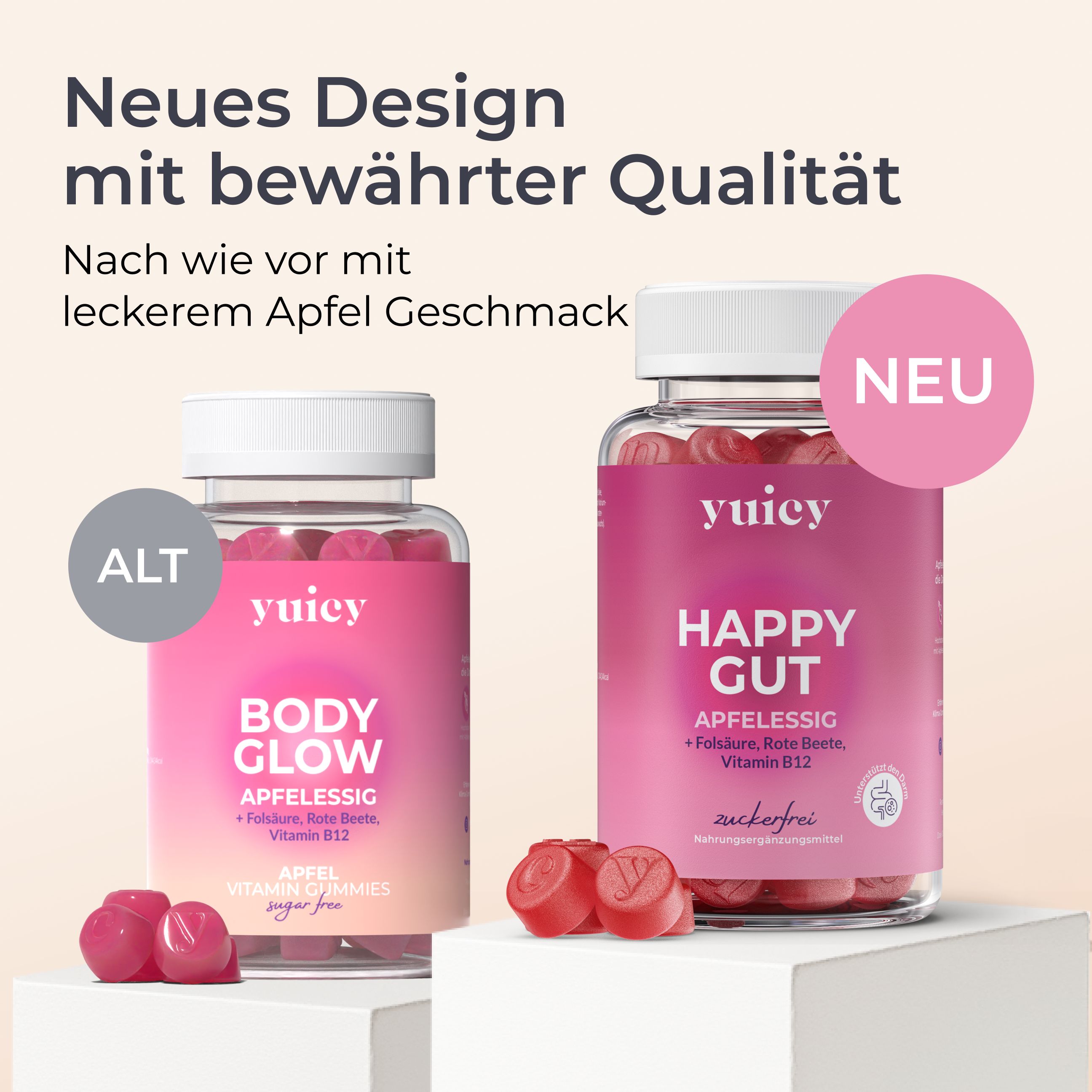 Vergleich von yuicy® Body Glow und Happy Gut Gummies. Beide Flaschen zeigen das Produkt. Text: Neues Design mit bewährter Qualität, leckerer Apfel Geschmack.