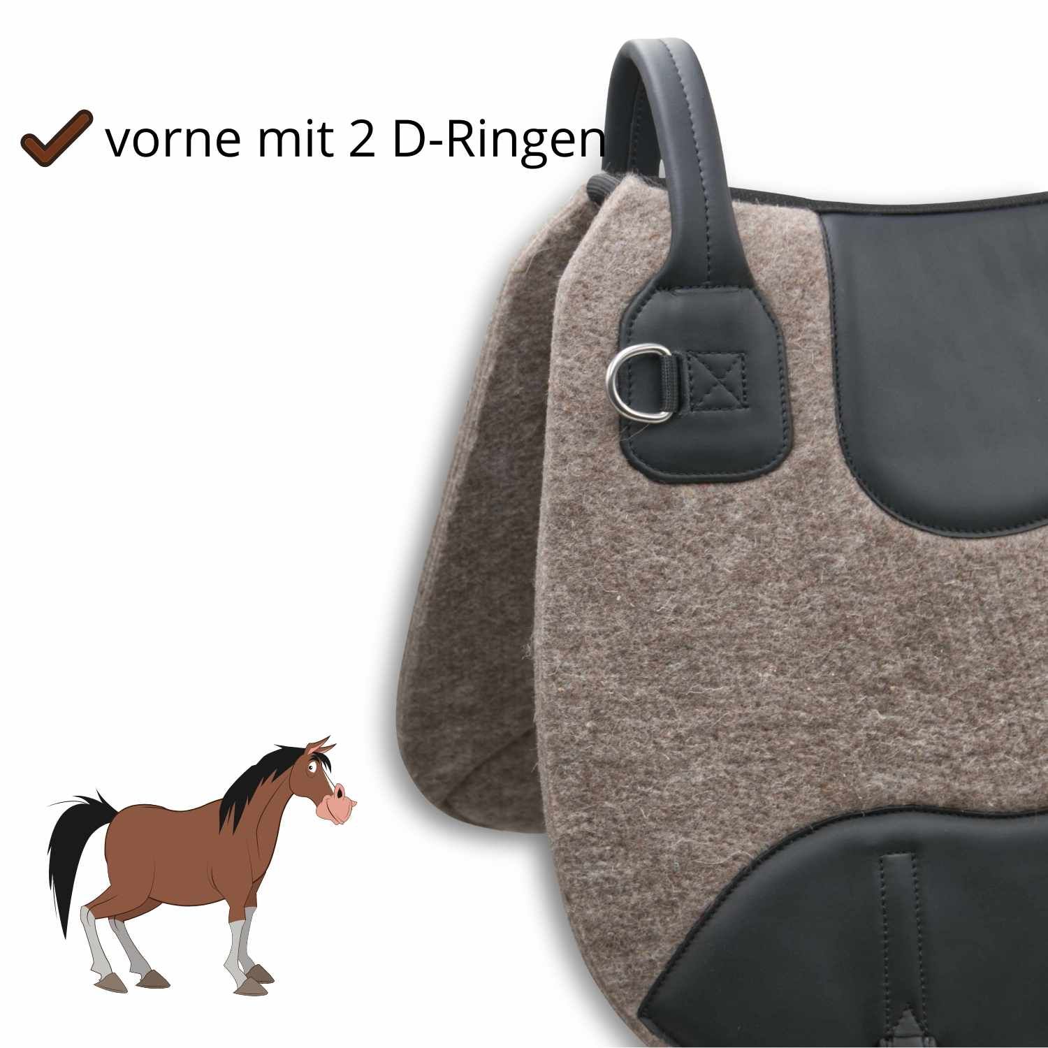 Reitkissen aus Filz mit Griff, D-Ring und schwarzem Leder. Brauner Filz. Pferd-Illustration.