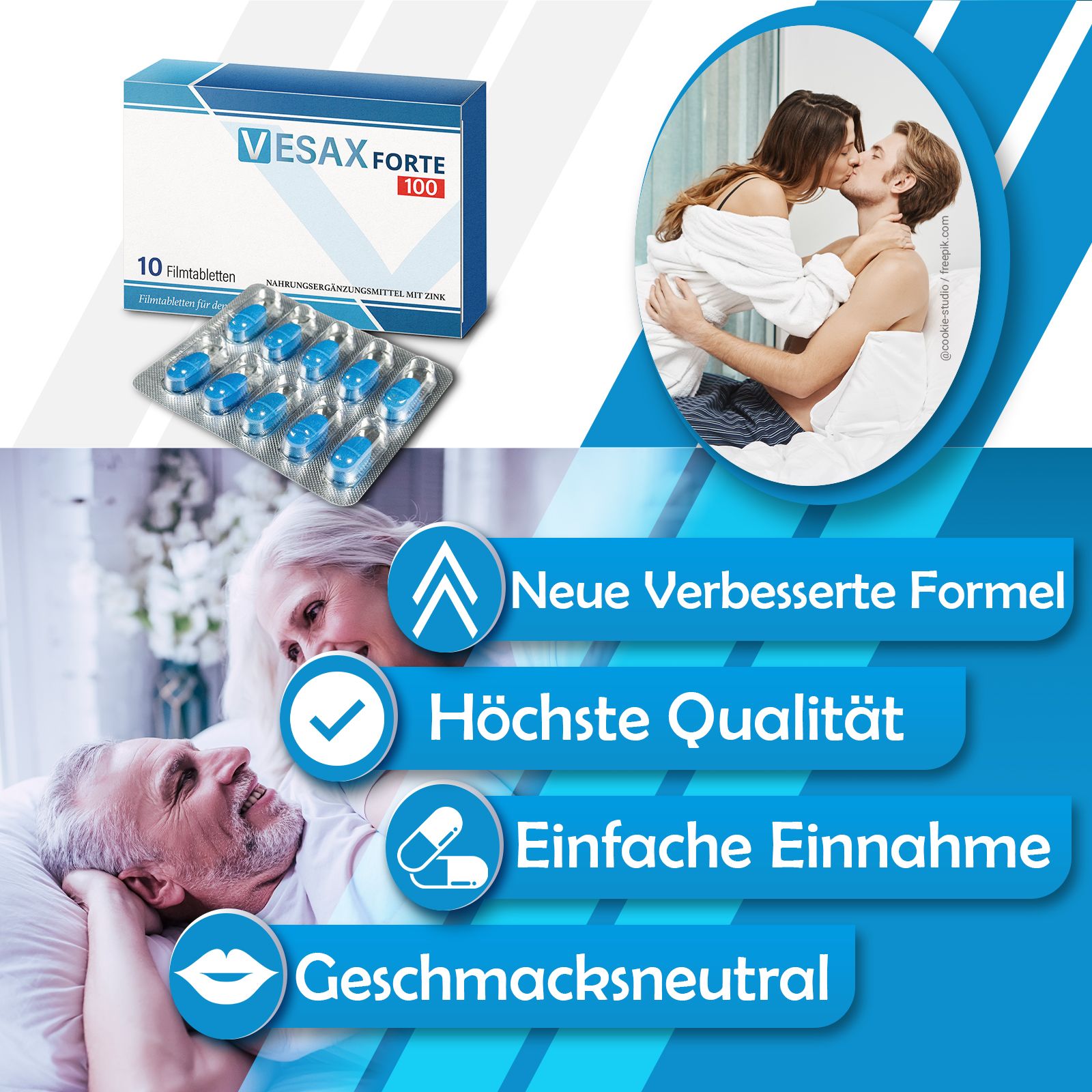 Schachtel und Blisterpackung mit blauen Tabletten. Text: Vesax Forte 100. Neue verbesserte Formel, höchste Qualität, einfache Einnahme, geschmacksneutral.