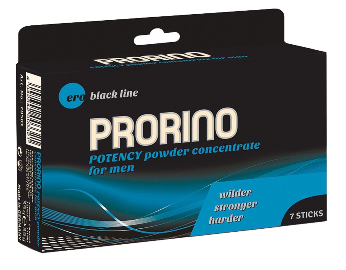 Schwarze Schachtel mit PRORINO. Enthält 7 Sticks. Text: Potency powder concentrate for men. Logo: Save the rhino. Text: Wilder, stronger, harder.