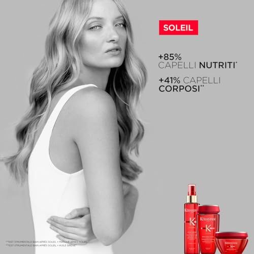 Frau mit blonden Haaren. Produkte: Kérastase Soleil. Text: +85% Capelli nutriti, +41% Capelli corposi. Drei rote Produktflaschen.