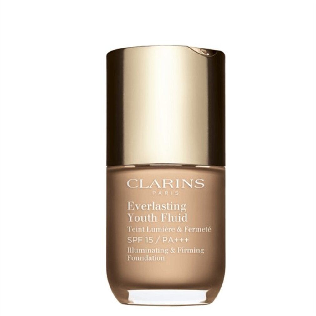 Flüssig-Make-up-Flakon. Goldfarbener Deckel, durchsichtiger Behälter. Aufschrift: Clarins, Everlasting Youth Fluid, SPF 15/PA+++.